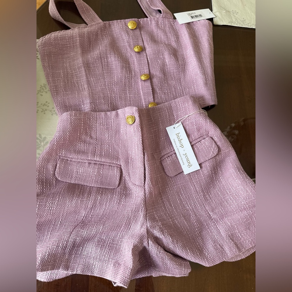 NWT BISHOP AND YOUNG Purple TWEED Button-Up Crop Top and Shorts Set MEDIUM
